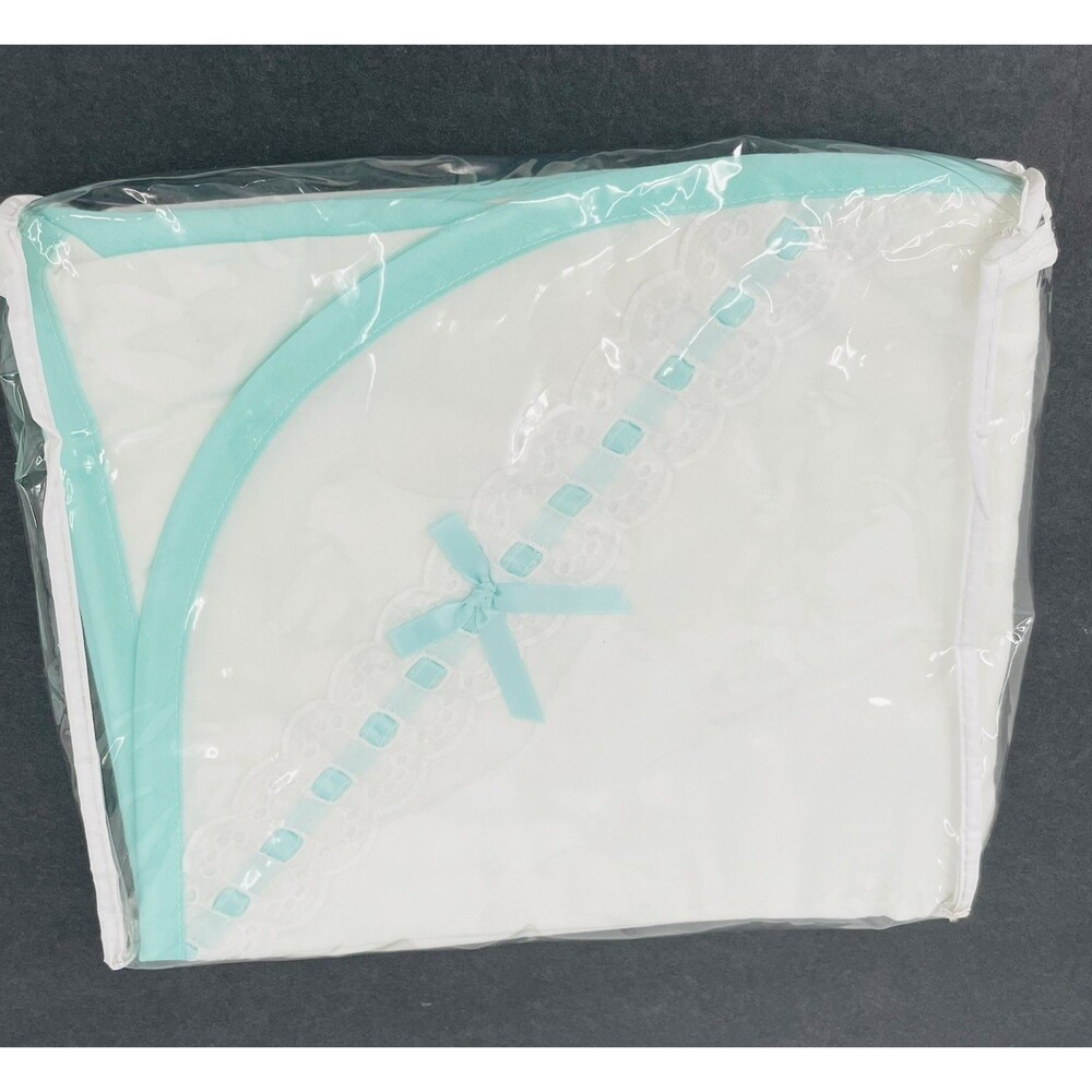 VTG Nojo Receiving Baby Blanket White Eyelet Lace Aqua Trim Cotton Flannel USA
